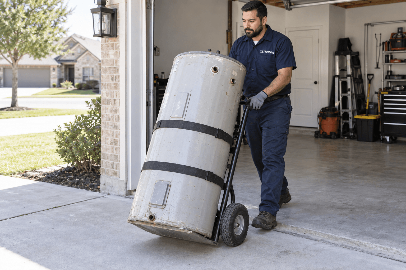 YB Plumbing technician removing an old water heater from a residential garage using an appliance dolly.
