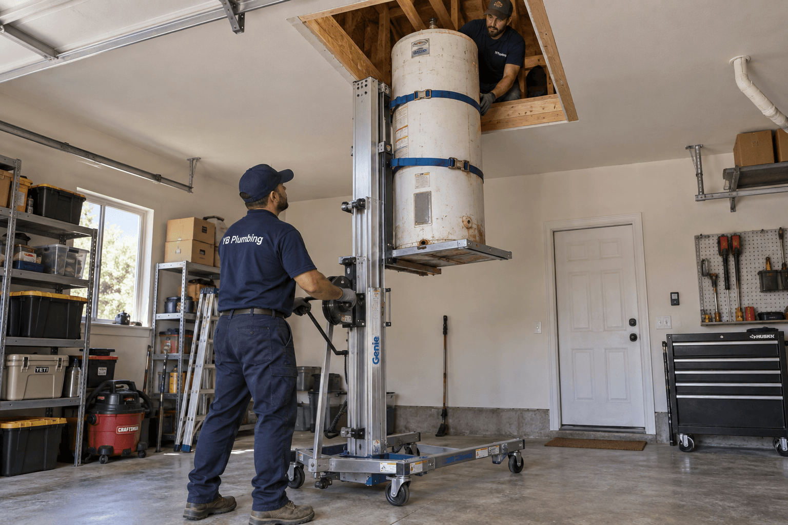 Two YB Plumbing technicians lowering an old water heater from an attic using a material lift.