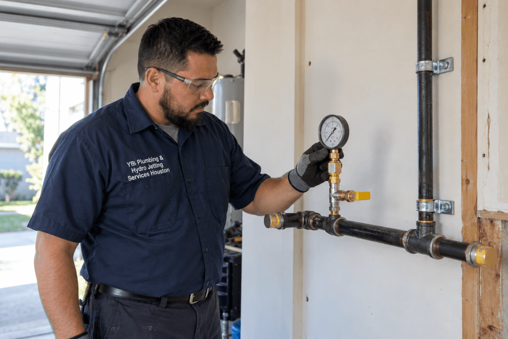 Plumber checking a gas line pressure gauge while wearing a YB Plumbing & Hydro Jetting Services Houston uniform.