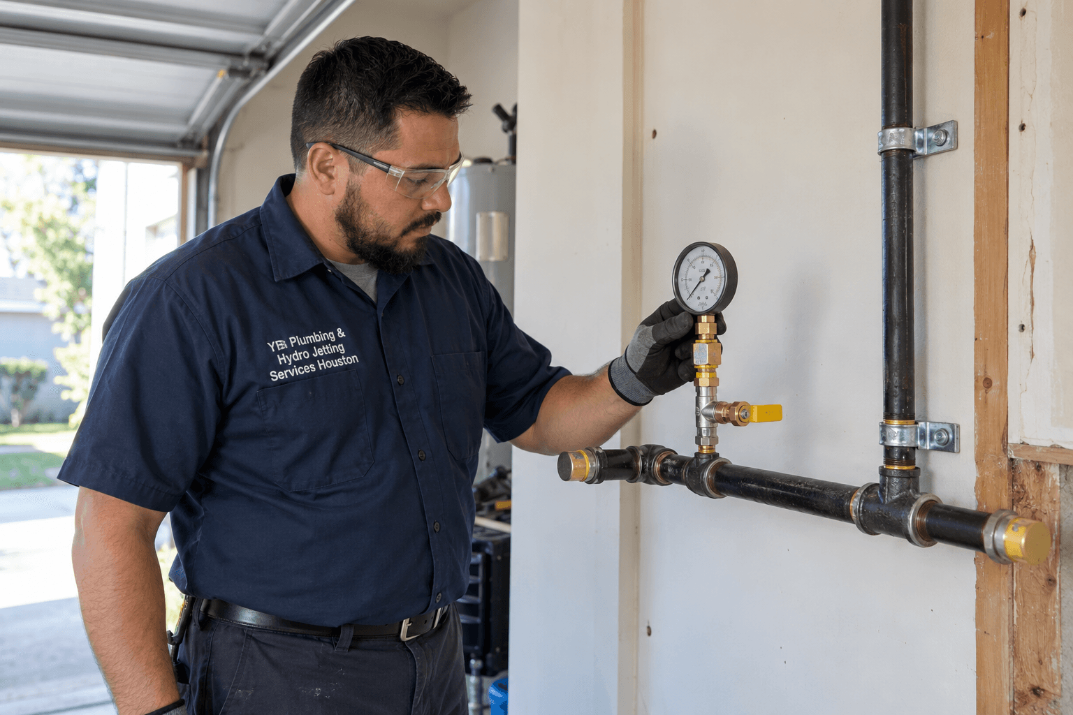 Plumber checking a gas line pressure gauge while wearing a YB Plumbing & Hydro Jetting Services Houston uniform.