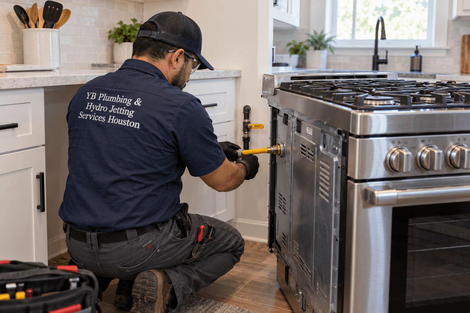 Plumber connecting a kitchen gas range while wearing a YB Plumbing & Hydro Jetting Services Houston uniform.