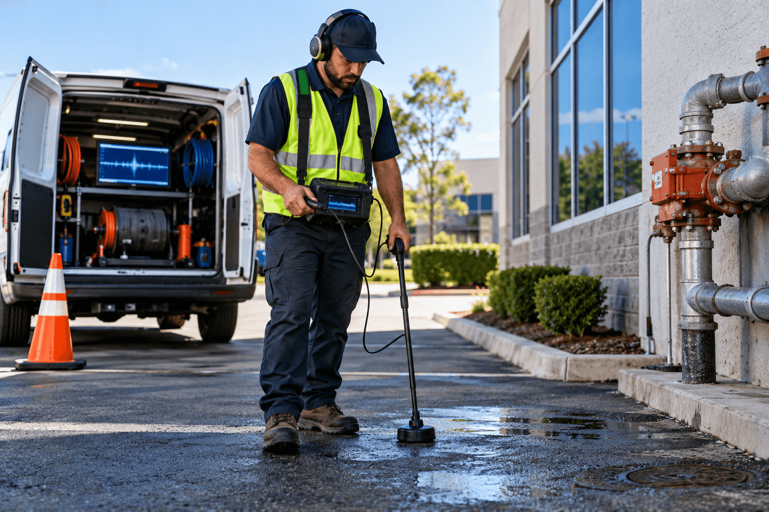 YB Plumbing technician performing commercial leak detection outside a Houston business.