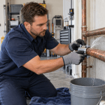 Plumber fitting a repair clamp around a leaking copper pipe