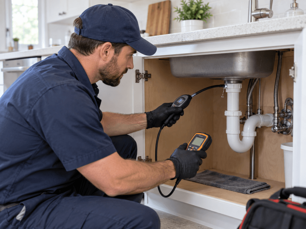 Plumber inspecting a leaking drain pipe beneath a kitchen sink