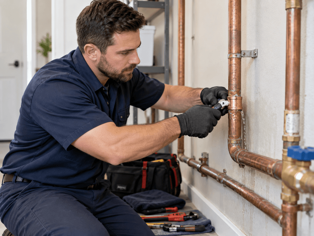 Plumber repairing a leaking copper pipe connection