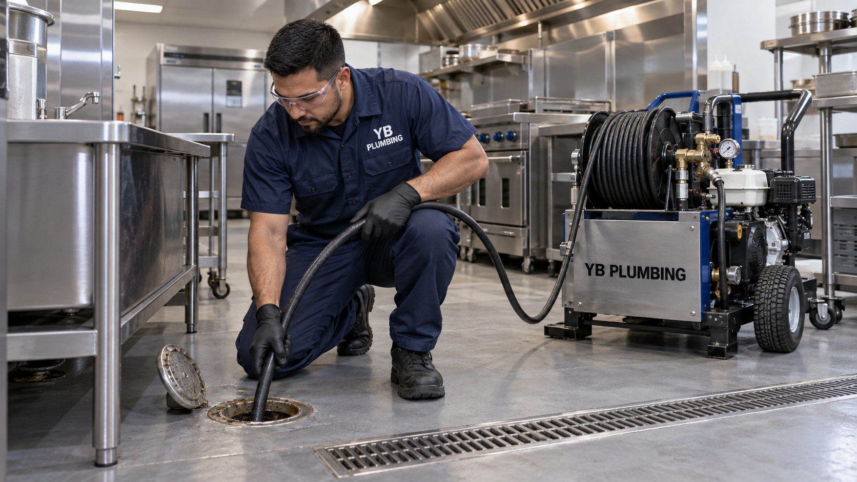 YB Plumbing technician hydro jetting a grease line in a commercial kitchen