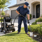 Technician feeding a hydro jetting hose into a residential sewer cleanout