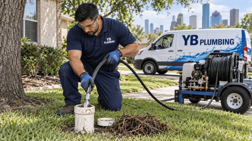 YB Plumbing technician using hydro jetting equipment at a sewer clean-out beside a tree
