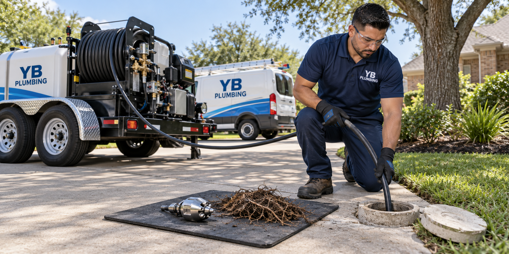YB Plumbing technician using hydro jetting equipment at a sewer clean out beside a tree