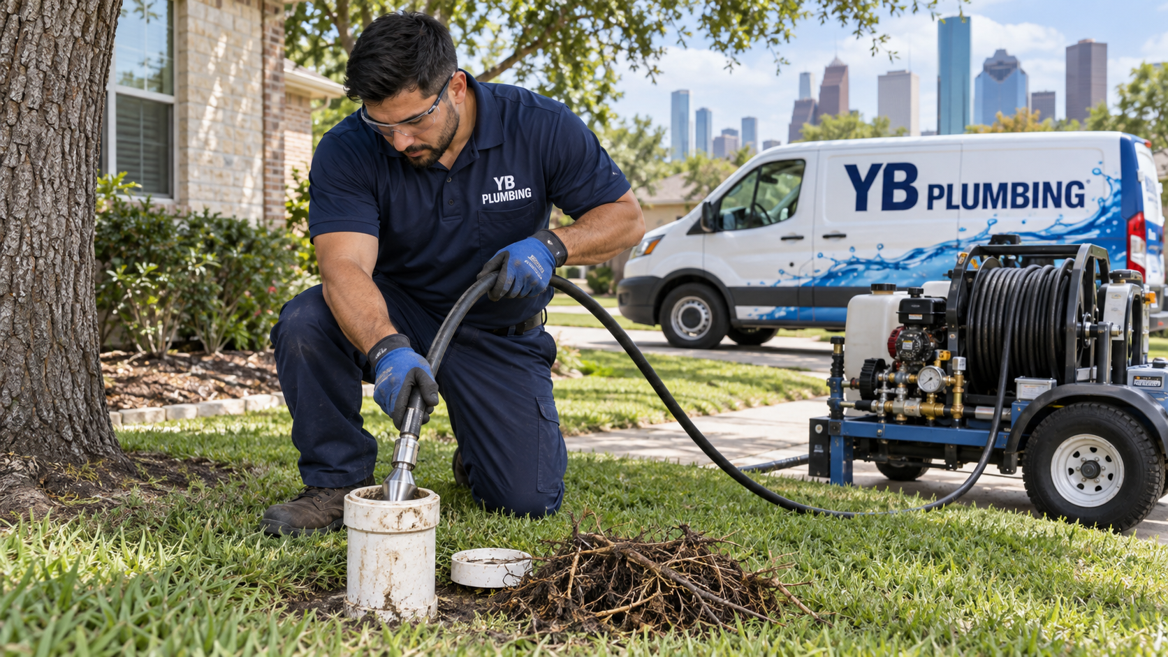 YB Plumbing technician using hydro jetting equipment at a sewer clean-out beside a tree