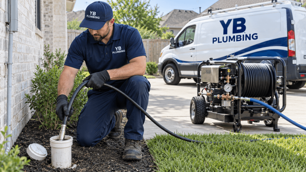 YB Plumbing technician hydro jetting a residential sewer line through an exterior cleanout in Houston.