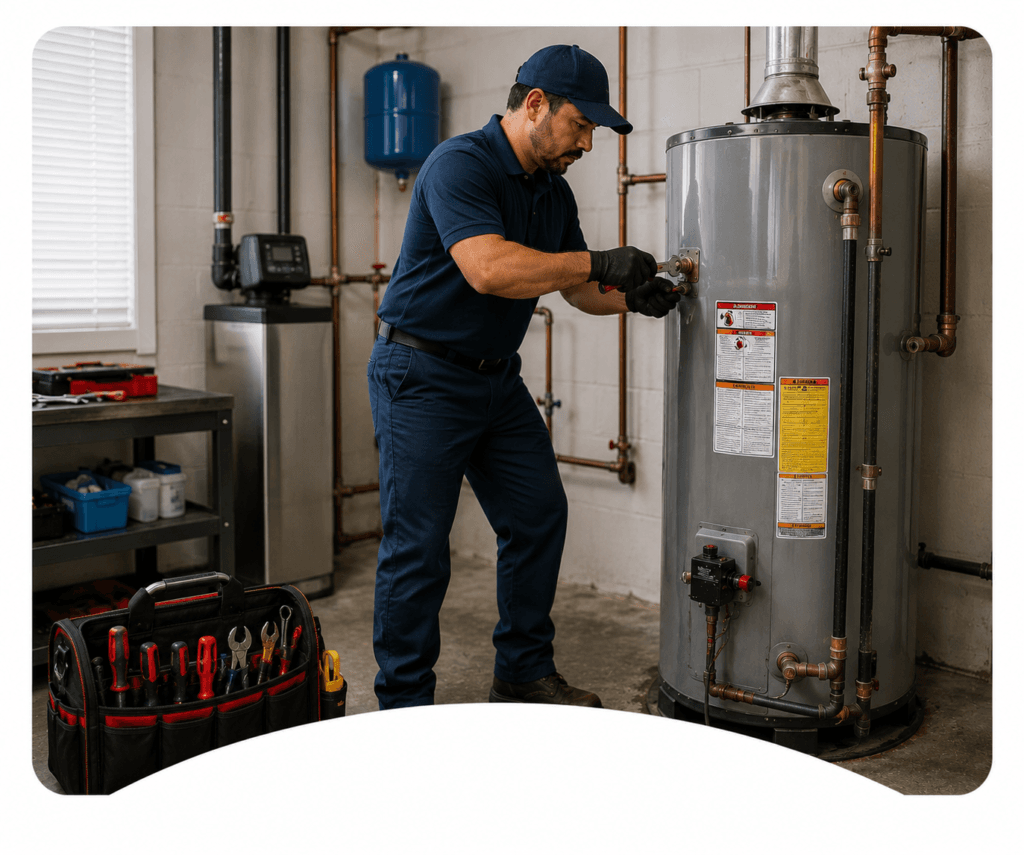 YB Plumbing technician inspecting and repairing a commercial water heater in Houston.