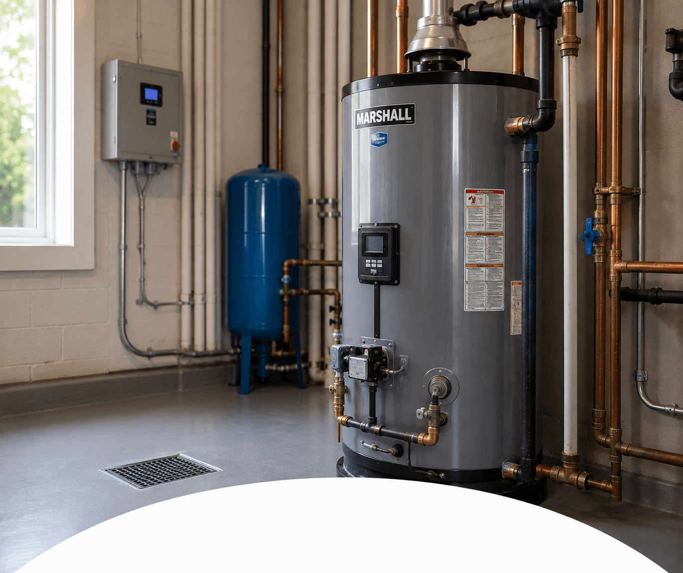 YB Plumbing technician servicing a commercial water heater system in Houston.