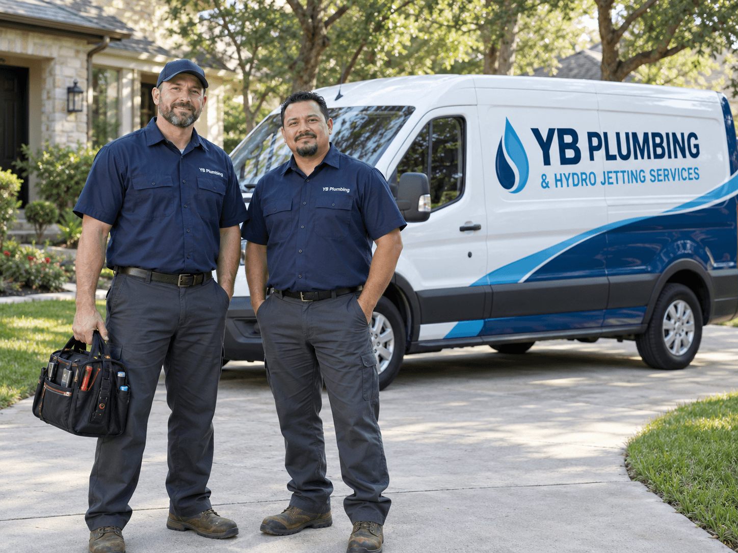 Two plumbers standing beside a YB Plumbing & Hydro Jetting Services van.