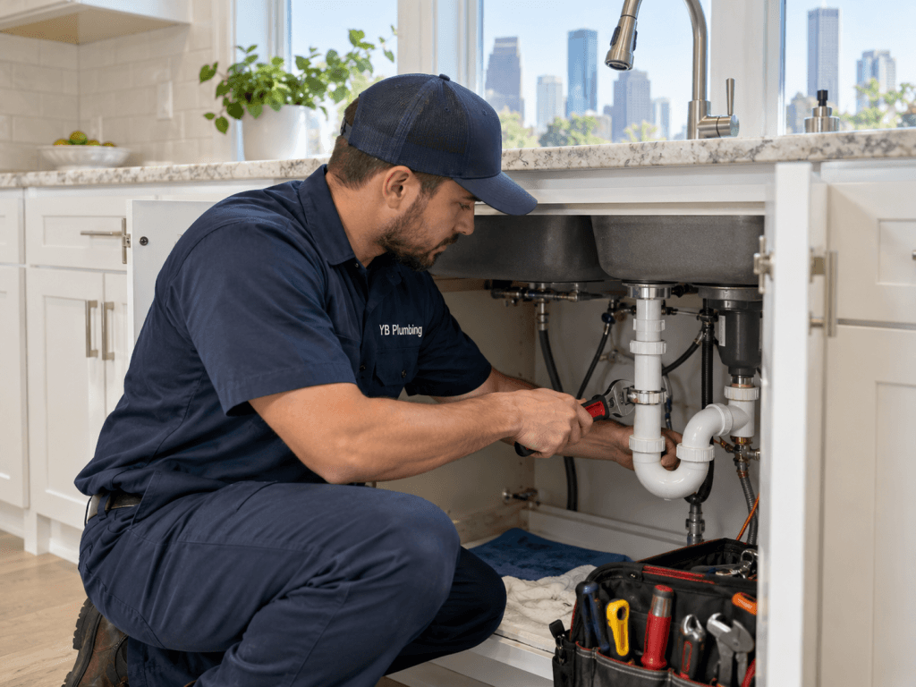 YB Plumbing technician inspecting kitchen sink drain piping while diagnosing a backup that happens when the dishwasher drains.